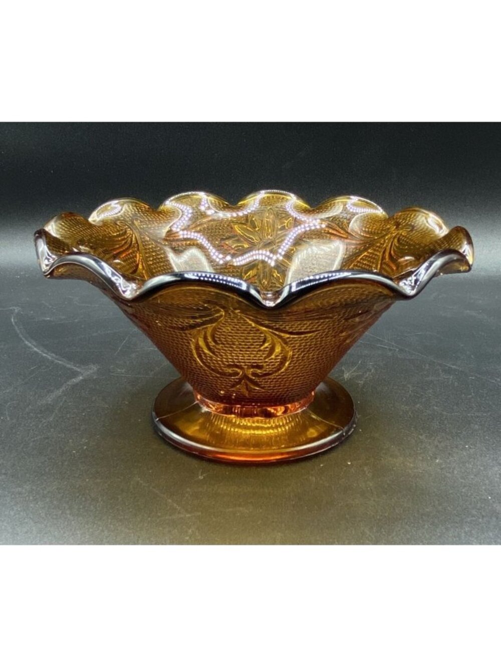 Indiana Glass Tiara Amber Color Ruffled Compote Footed Candy Bowl 3” X 6”